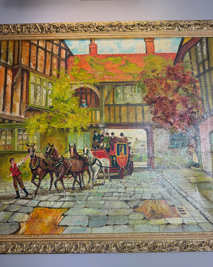 Original Vintage Oil Painting – English Coaching Inn Courtyard Scene by A. Calway '82