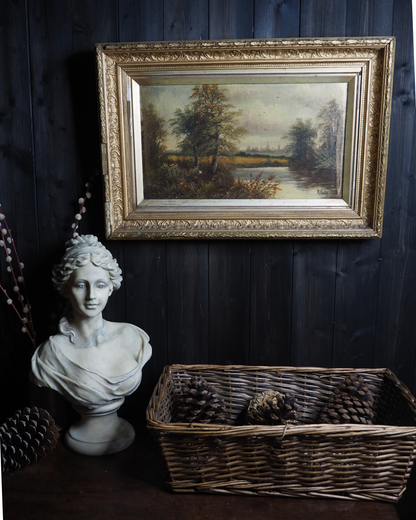 Antique Oil Painting River Landscape Signed R. Hully | Victorian Ornate Gold Gesso Frame