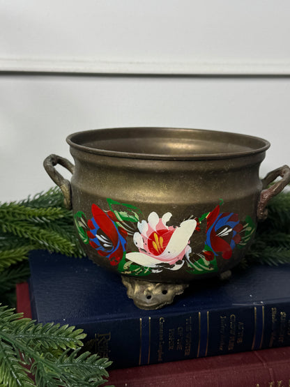 Hand-Painted Brass Pot | Vintage Folk Floral Pattern Planter