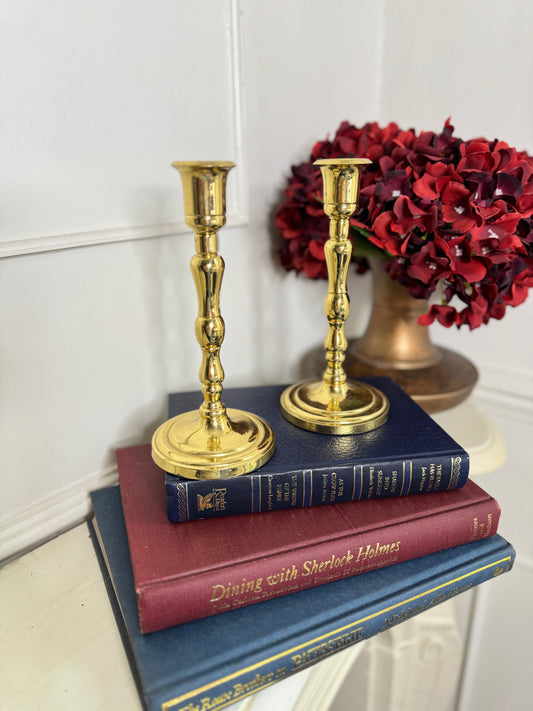 Vintage Heavy Medium Brass Candlesticks Pair