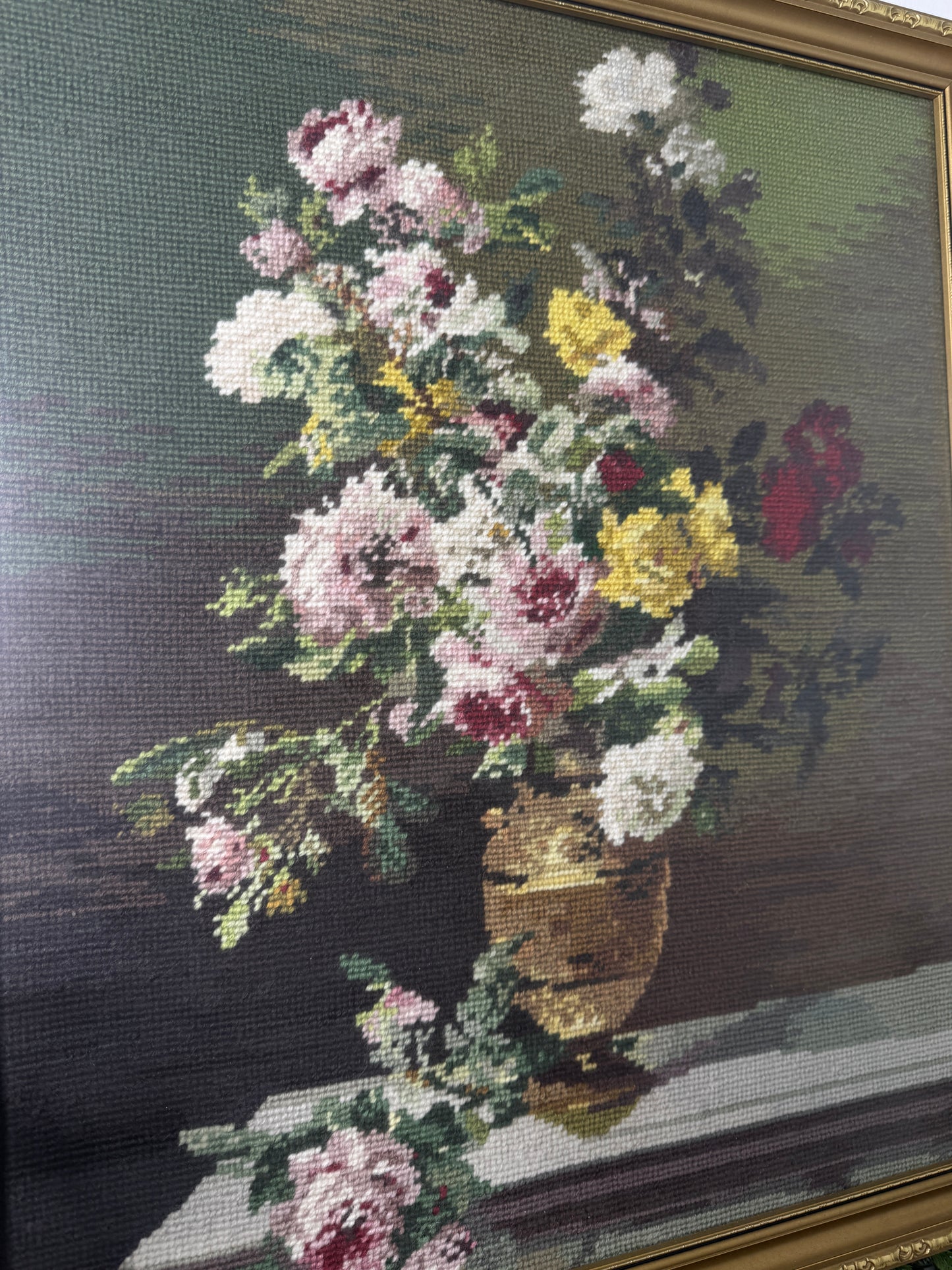 Golden Blooms – Hand-Stitched Gobelin Embroidery Art