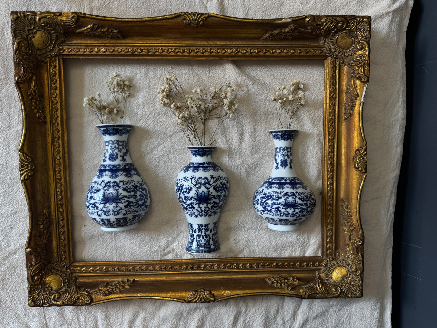 Vintage Gallery Wall Set | Gold Ornate Frame with Vase Trio & Dried Flowers | Decorative Wall Decor