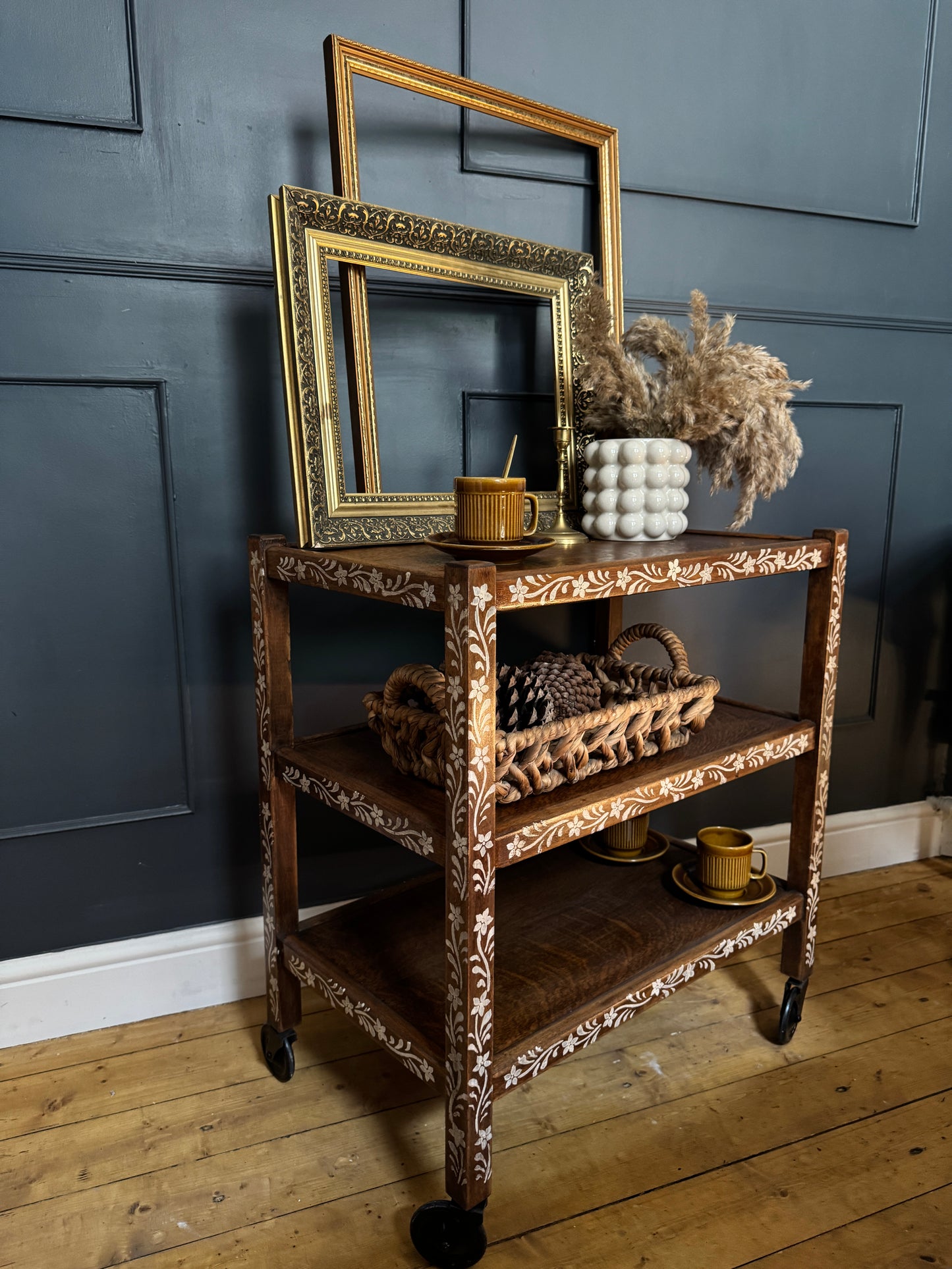 Upcycled Mid-Century Drinks Trolley | Hand-Painted Folk Art Bar Cart | Vintage Tea Cart with Wheels