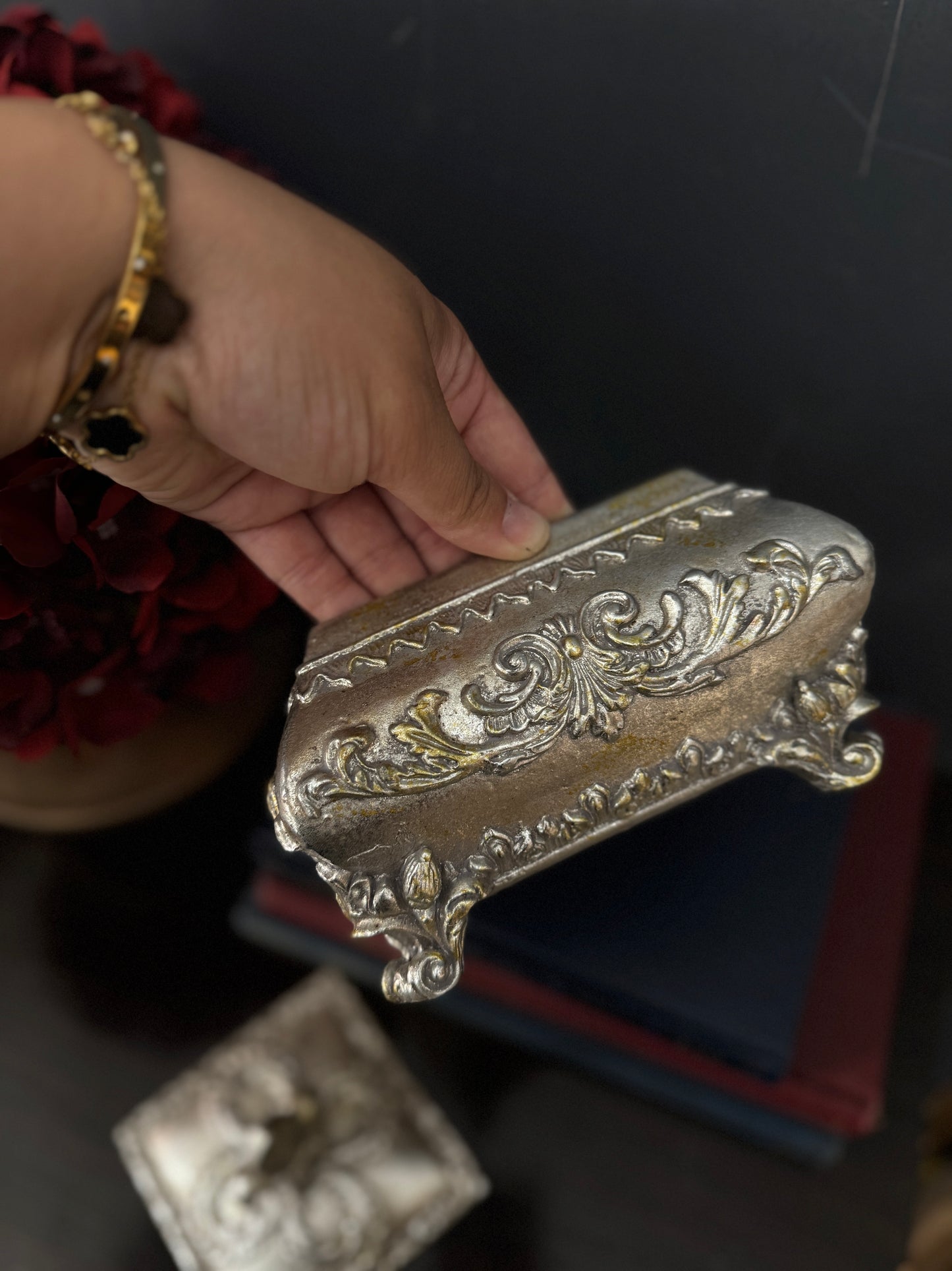 Vintage Silver Plated Wooden Ring and Storage Box for Keepsakes