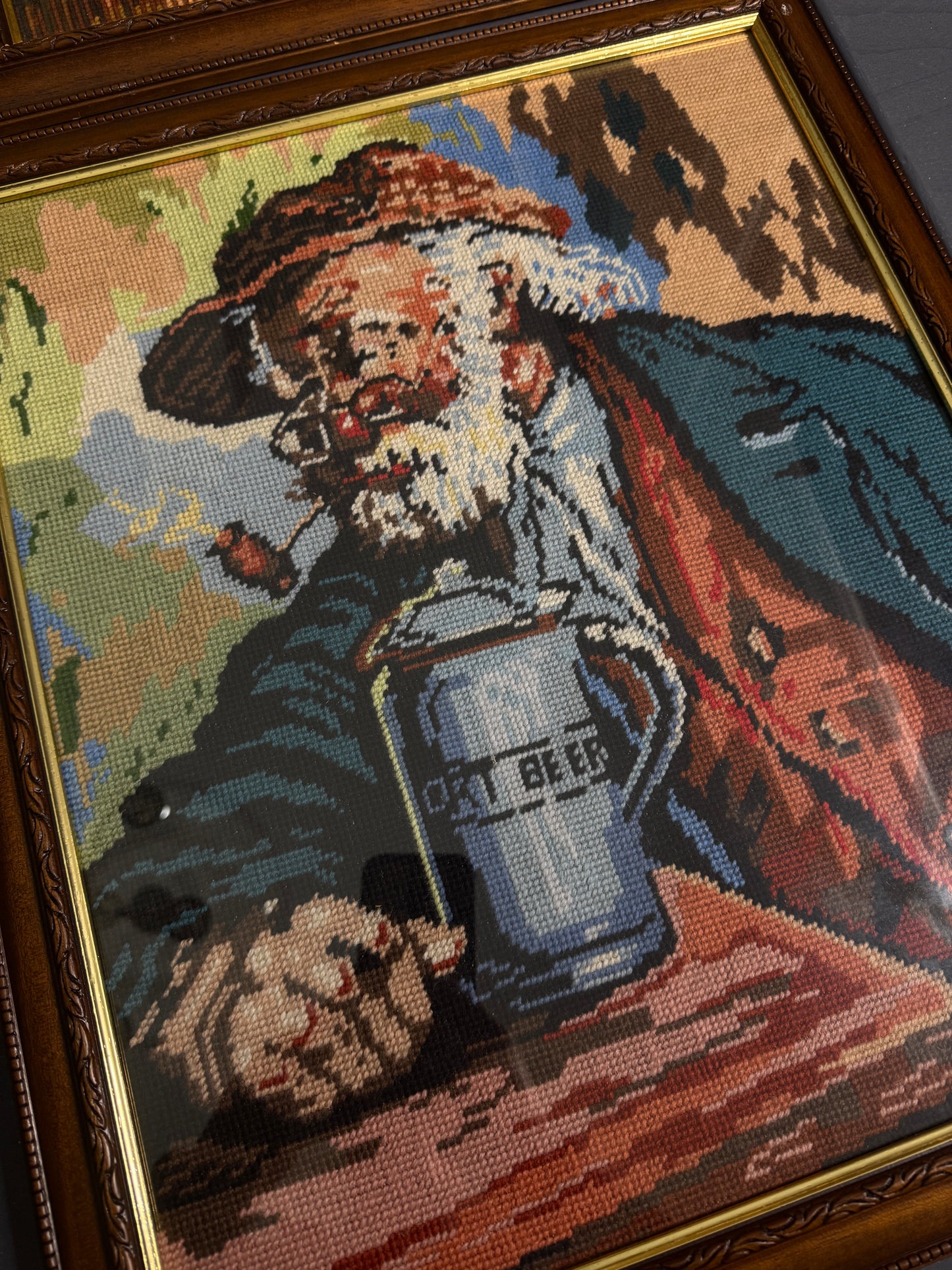 Hand-Stitched Gobelin Embroidery Art – Portrait of an Old Man with Beer