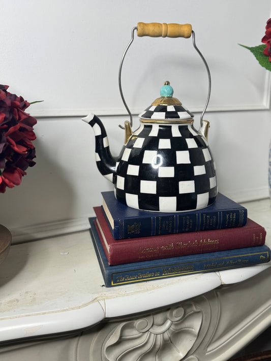 Black & White Checked Ceramic Teapot – Inspired by MacKenzie-Childs Courtly Check – 1.5L Harlequin Tea Pot