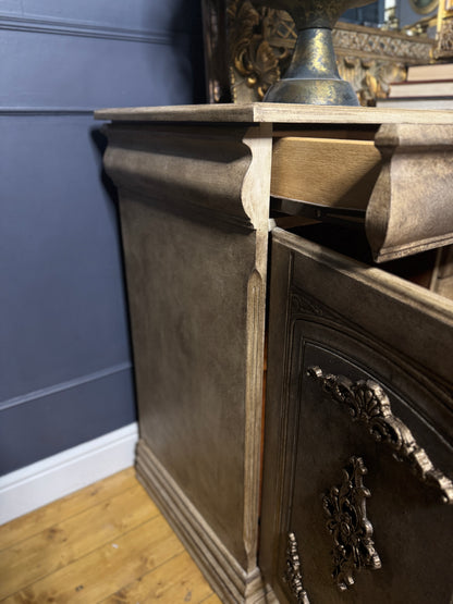 Vintage French-Inspired Upcycled Sideboard | Heavily Distressed 7-Drawer + 2 Cabinet Buffet with Original Brass Handles