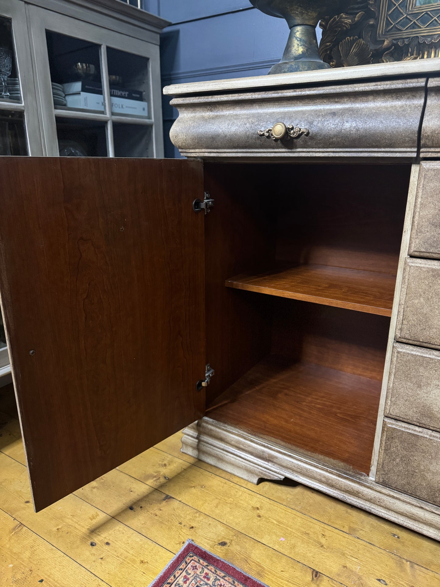 Vintage French-Inspired Upcycled Sideboard | Heavily Distressed 7-Drawer + 2 Cabinet Buffet with Original Brass Handles