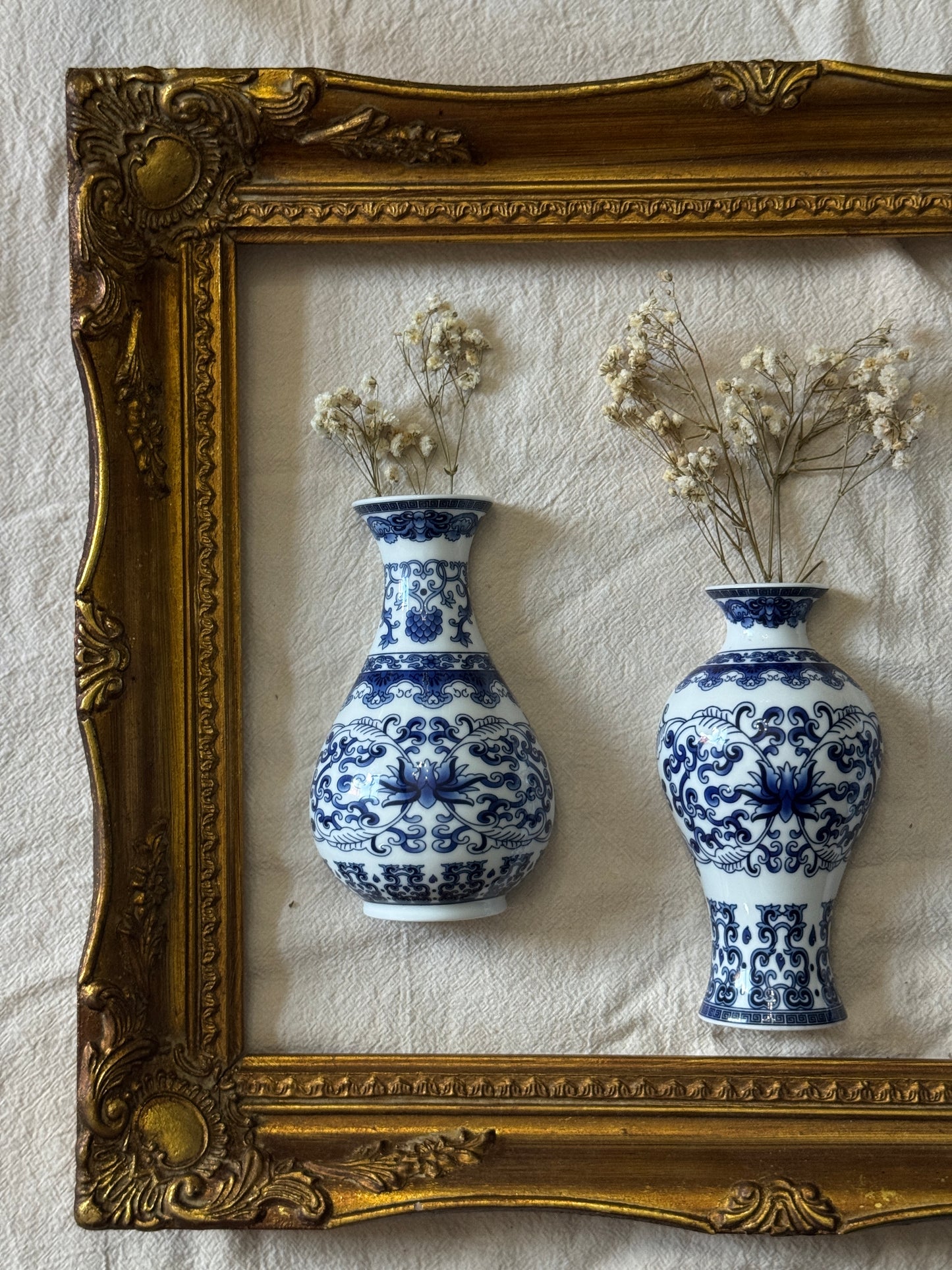 Vintage Gallery Wall Set | Gold Ornate Frame with Vase Trio & Dried Flowers | Decorative Wall Decor