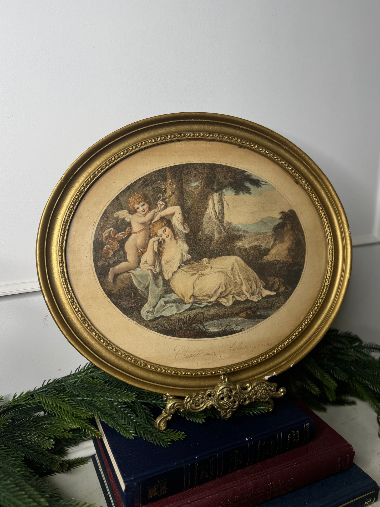 Vintage Stipple Engraving 'Cupid': Oval Giltwood Frame Wall Art