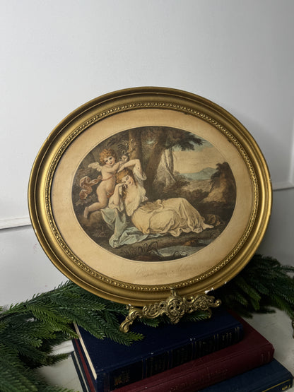 Vintage Stipple Engraving 'Cupid': Oval Giltwood Frame Wall Art