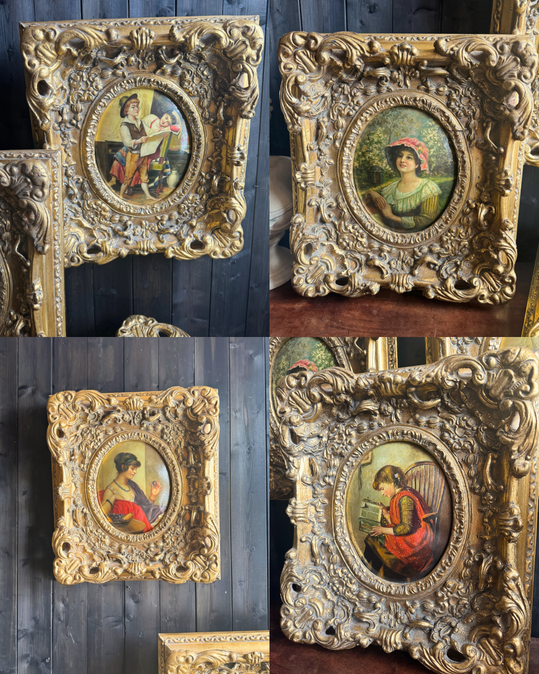 Antique 19th Century Oil Paintings – Rococo Gesso Frames, Convex Wood Panels