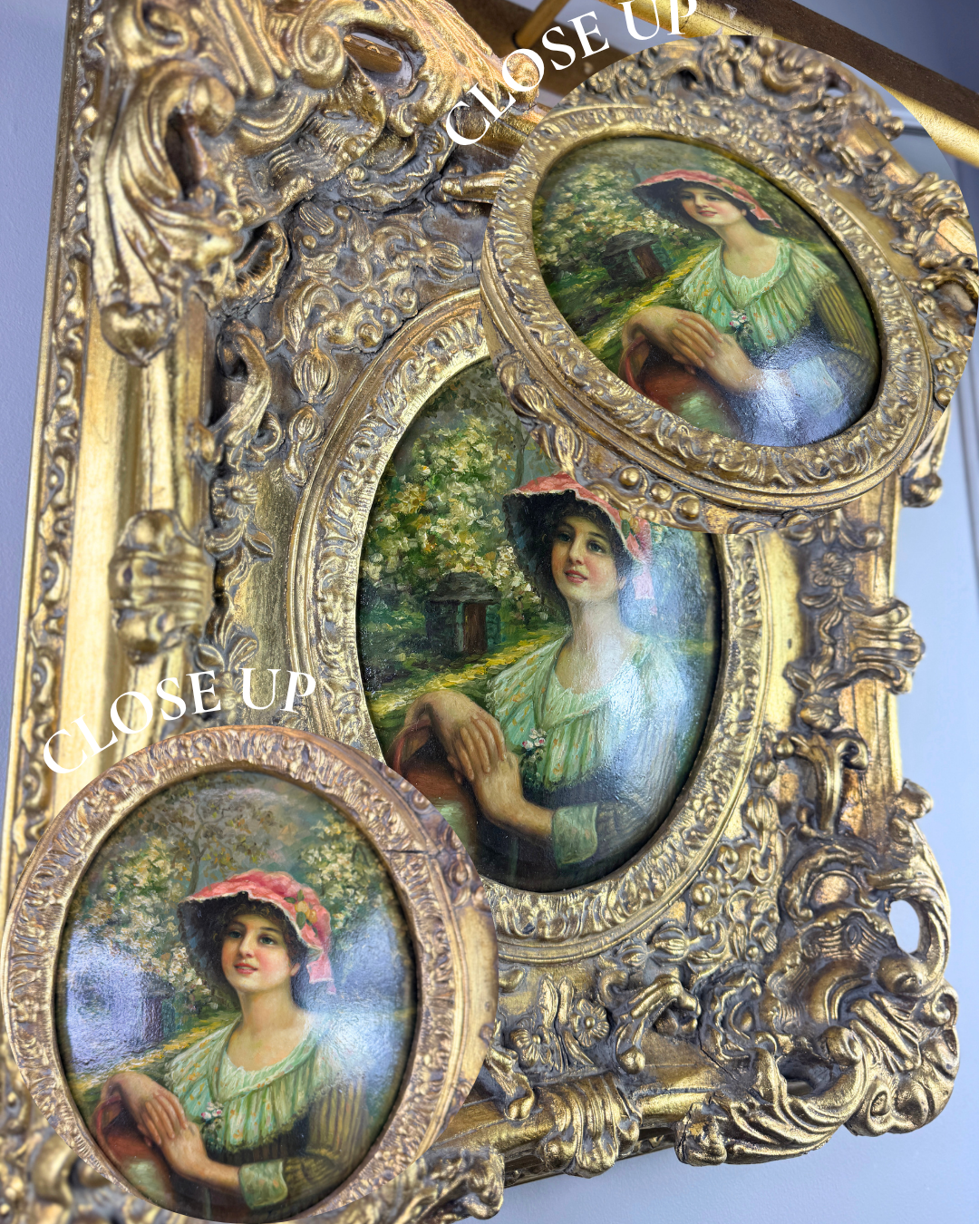 Antique 19th Century Oil Paintings – Rococo Gesso Frames, Convex Wood Panels
