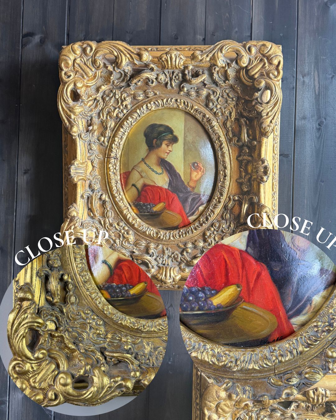 Antique 19th Century Oil Paintings – Rococo Gesso Frames, Convex Wood Panels