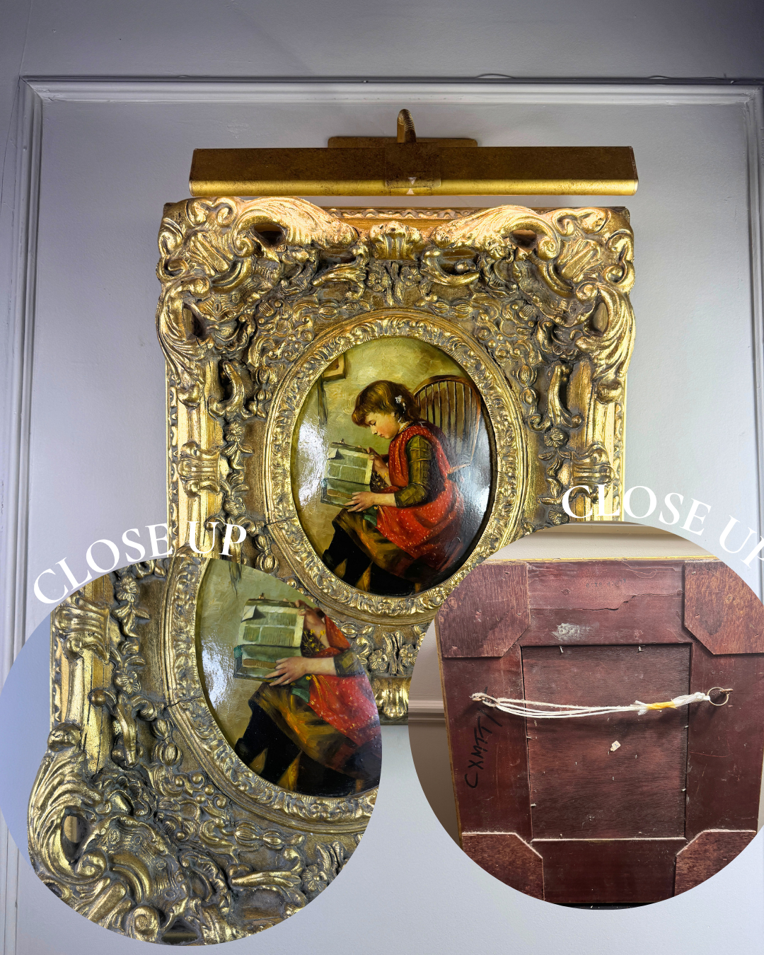 Antique 19th Century Oil Paintings – Rococo Gesso Frames, Convex Wood Panels