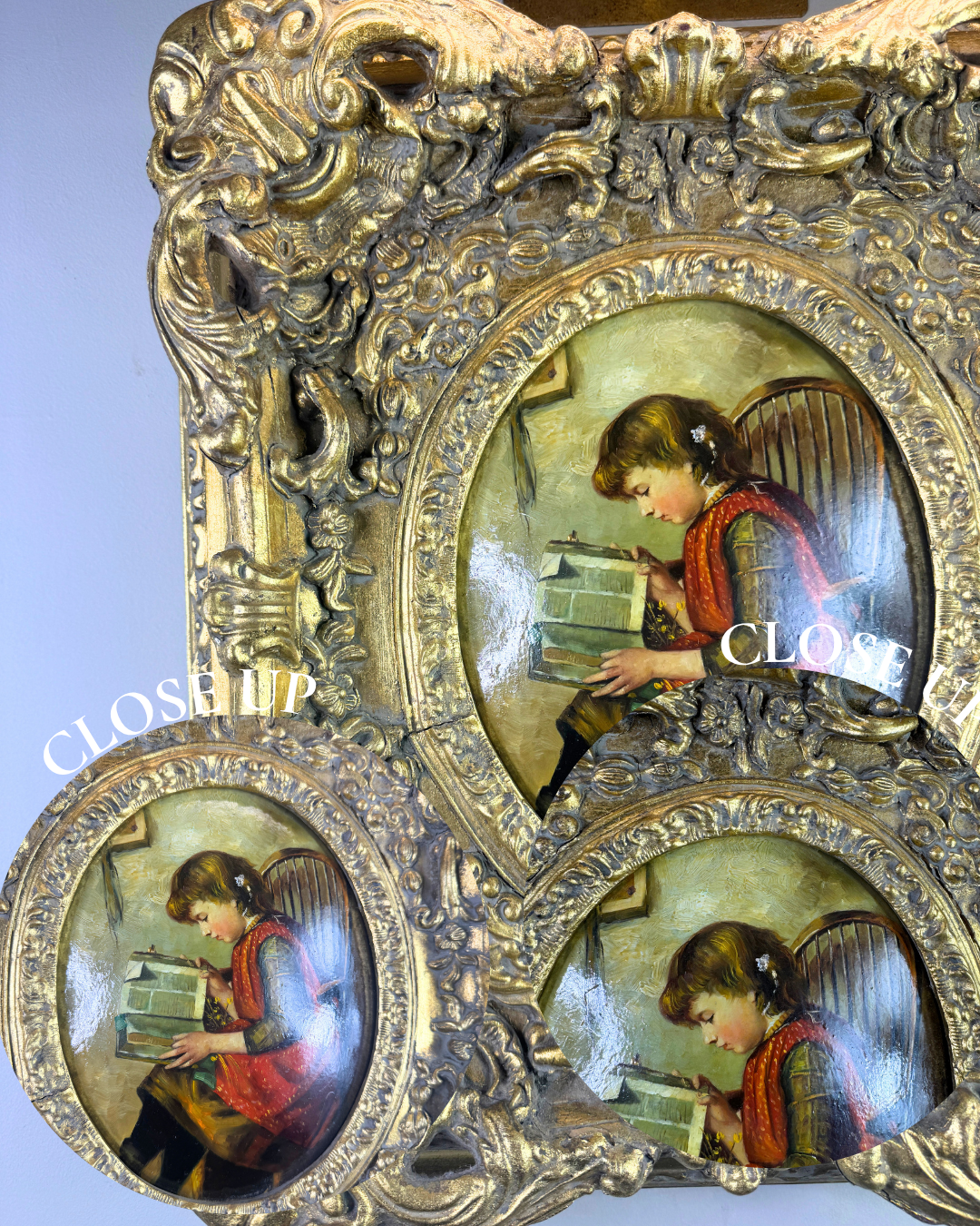 Antique 19th Century Oil Paintings – Rococo Gesso Frames, Convex Wood Panels