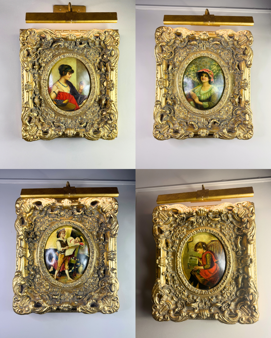 Antique 19th Century Oil Paintings – Rococo Gesso Frames, Convex Wood Panels
