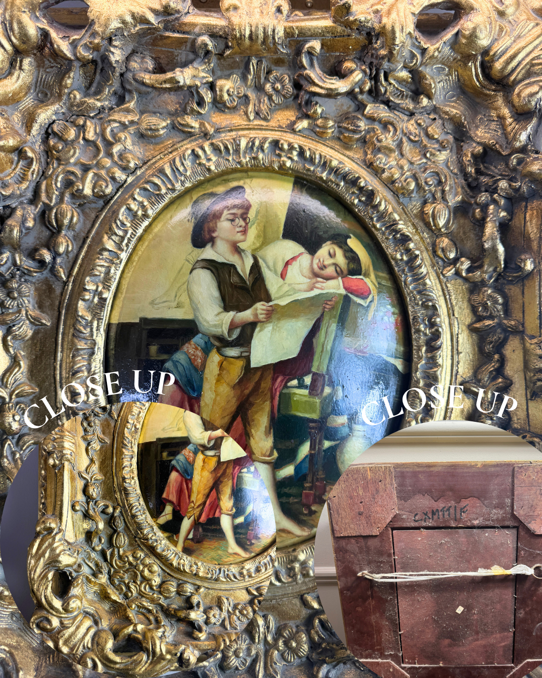 Antique 19th Century Oil Paintings – Rococo Gesso Frames, Convex Wood Panels