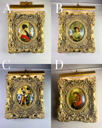 Antique 19th Century Oil Paintings – Rococo Gesso Frames, Convex Wood Panels