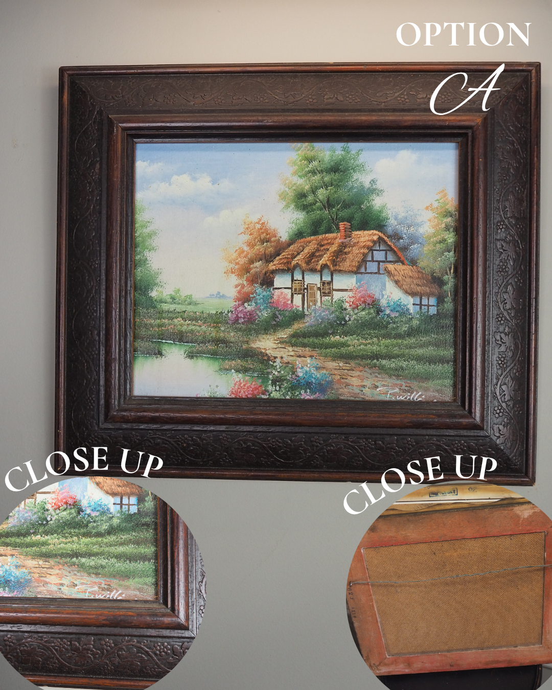 Vintage English Country Cottage Oil Painting – Rustic Framed Landscape