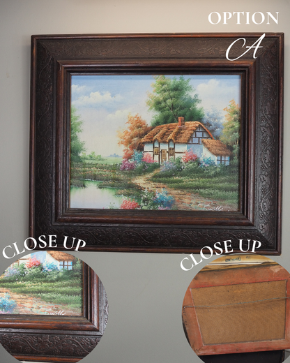 Vintage English Country Cottage Oil Painting – Rustic Framed Landscape