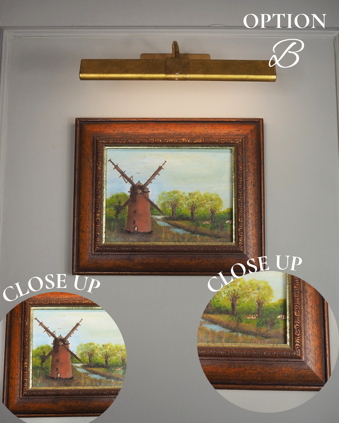 Vintage Oil Painting Windmill Landscape – Rural River Mill Scene