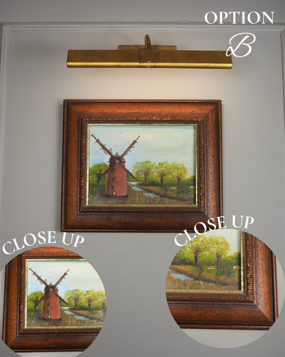 Vintage Oil Painting Windmill Landscape – Rural River Mill Scene
