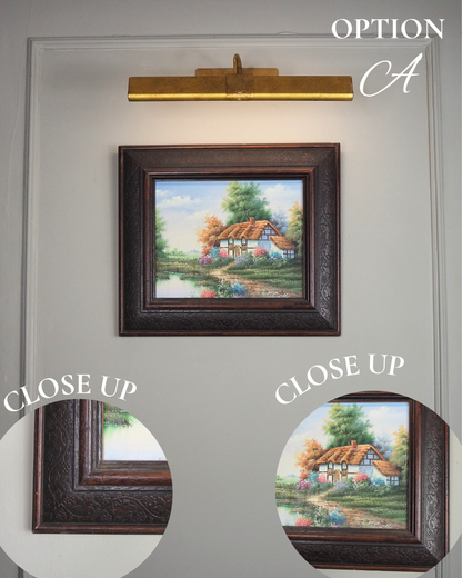 Vintage English Country Cottage Oil Painting – Rustic Framed Landscape
