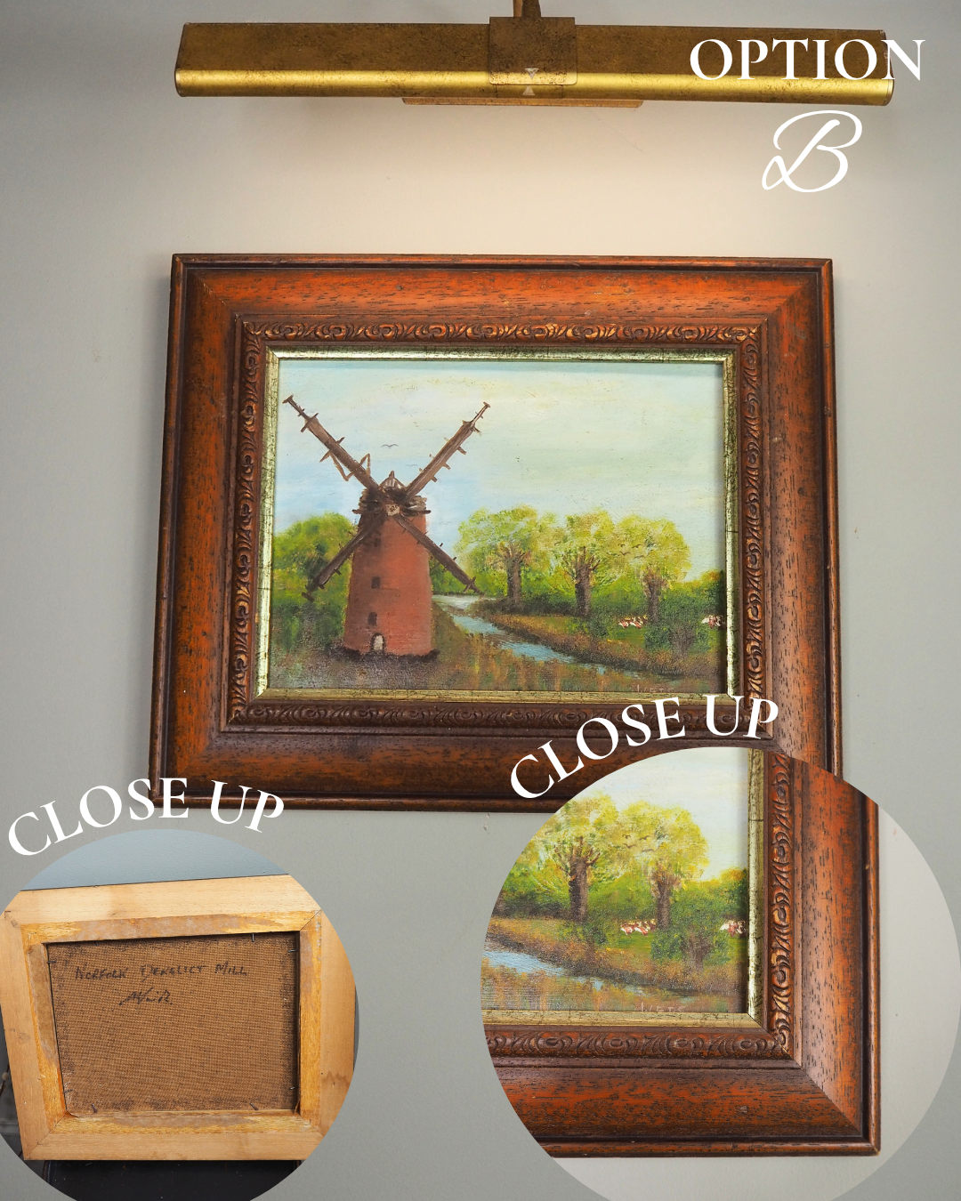 Vintage Oil Painting Windmill Landscape – Rural River Mill Scene