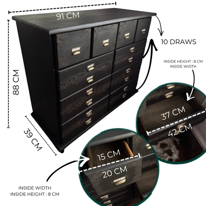 Black Apothecary Style Chest of Drawers |  Distressed Vintage Pine Dresser | | Rustic Storage Unit