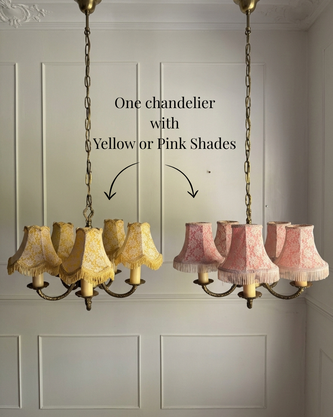 Vintage Brass 5 Arm Chandelier with Lace Tassel Lampshades