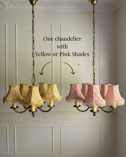 Vintage Brass 5 Arm Chandelier with Lace Tassel Lampshades