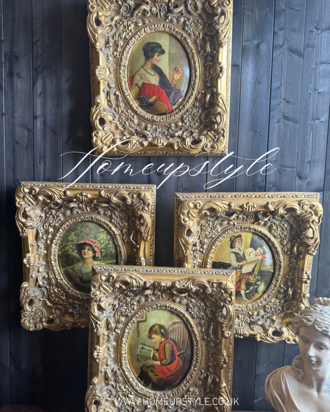 Antique 19th Century Oil Paintings – Rococo Gesso Frames, Convex Wood Panels