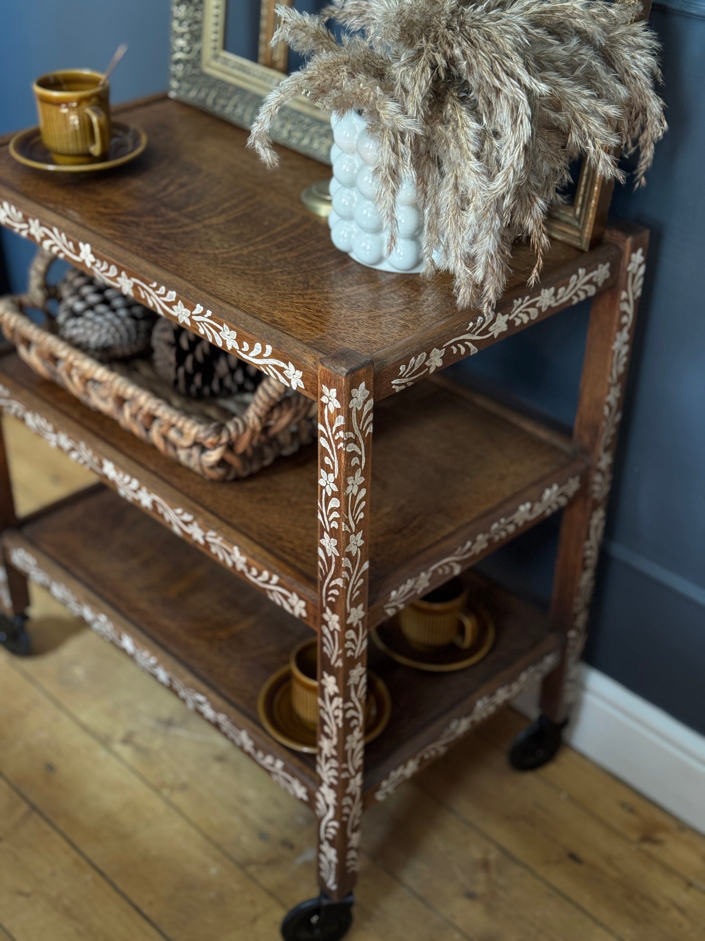 Upcycled Mid-Century Drinks Trolley | Hand-Painted Folk Art Bar Cart | Vintage Tea Cart with Wheels