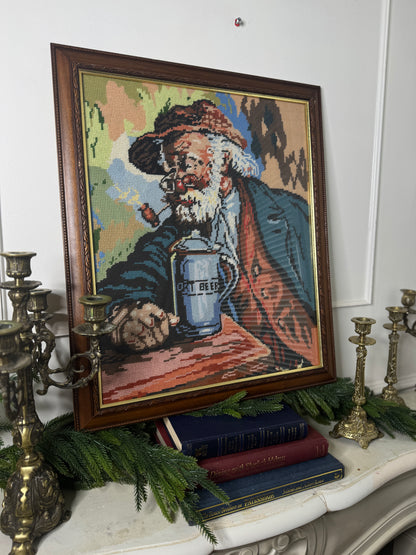 Hand-Stitched Gobelin Embroidery Art – Portrait of an Old Man with Beer