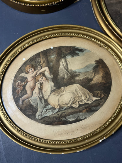 Vintage Stipple Engraving 'Cupid': Oval Giltwood Frame Wall Art