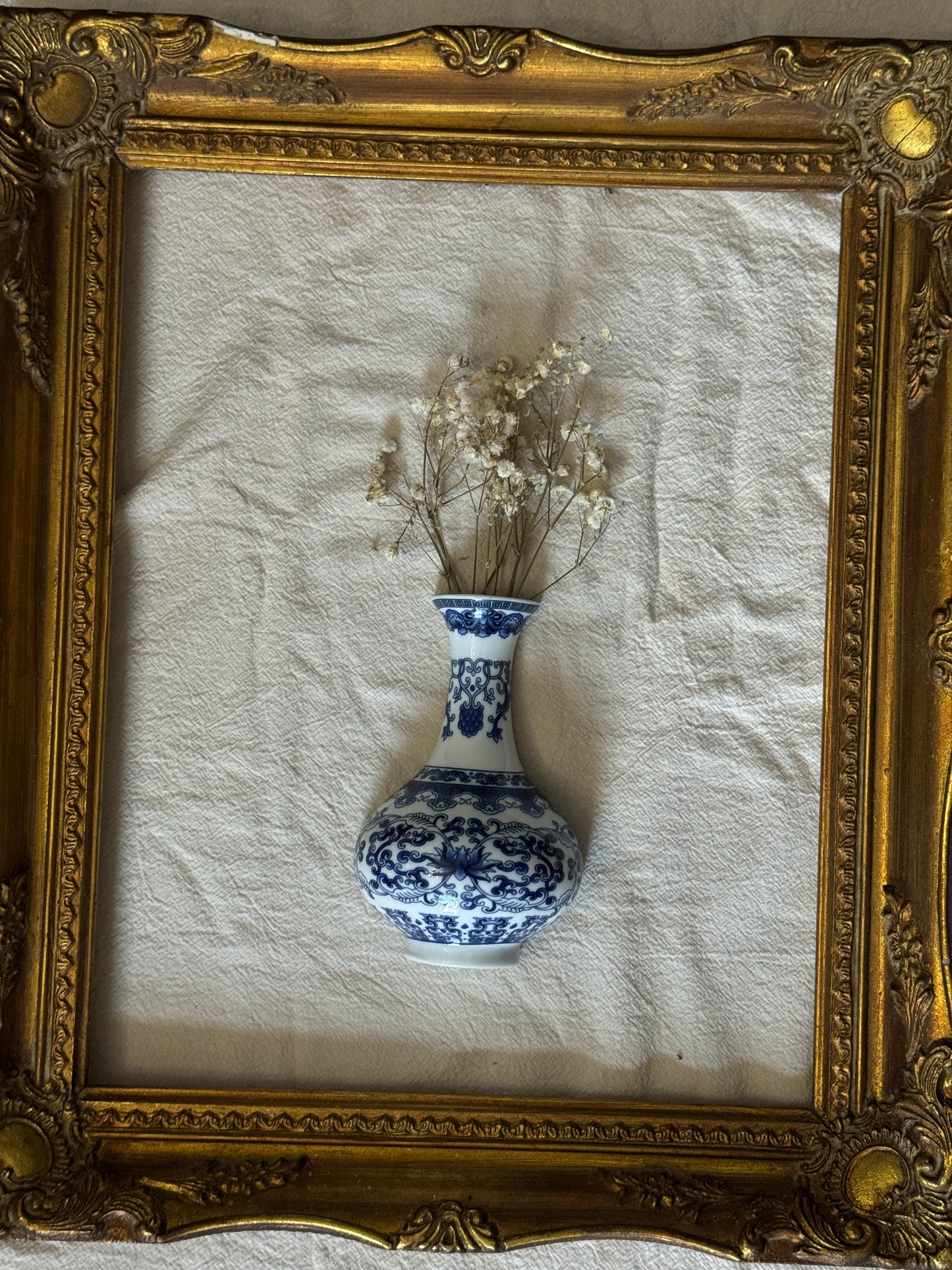 Vintage Gallery Wall Set | Gold Ornate Frame with Vase Trio & Dried Flowers | Decorative Wall Decor