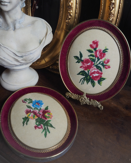 Vintage Embroidery Artwork Pair in Convex Glass Frames
