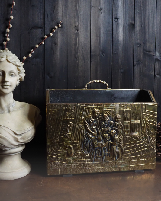 Vintage Lombard Brass Magazine Rack with Embossed Family Scene