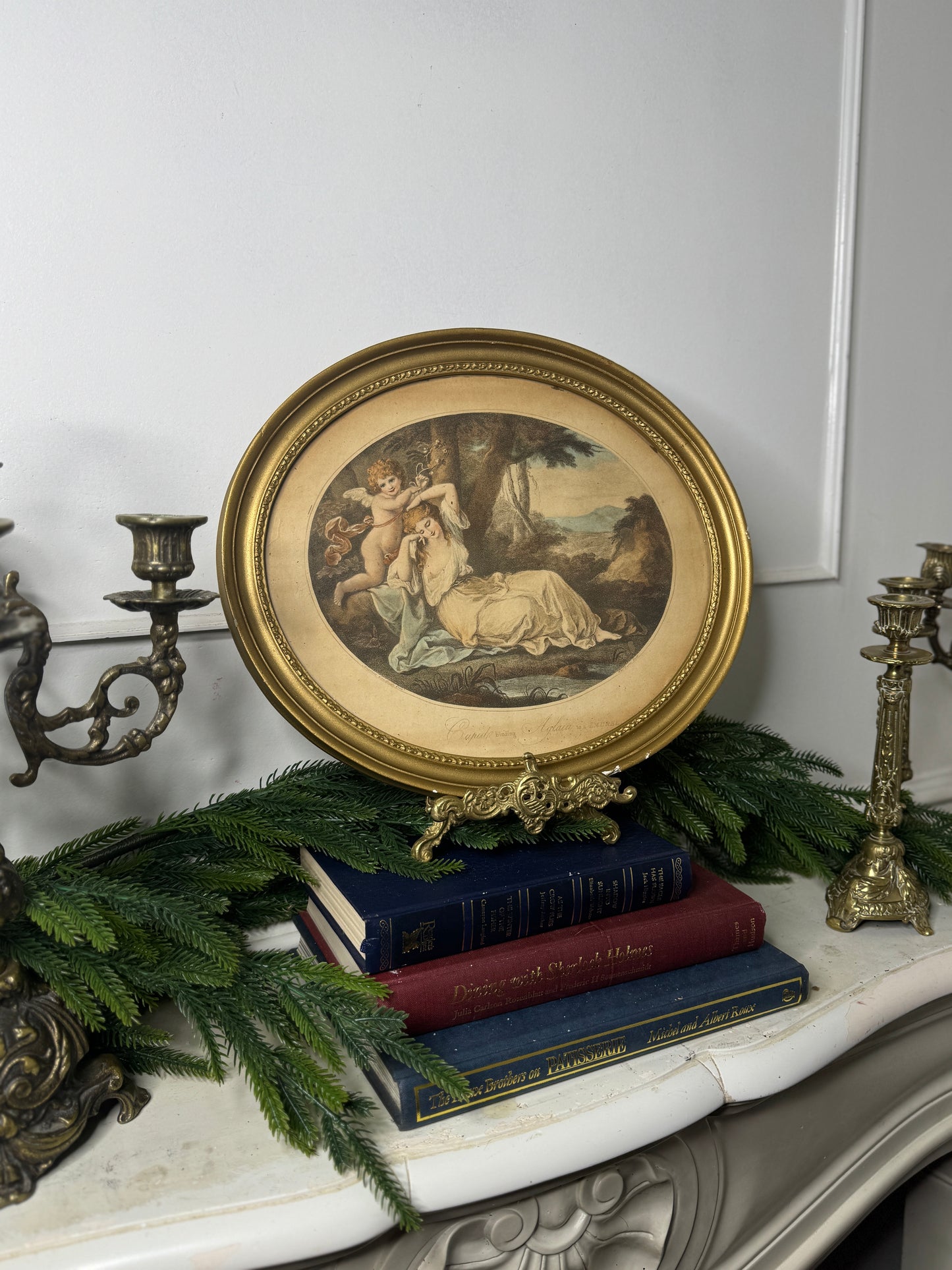 Vintage Stipple Engraving 'Cupid': Oval Giltwood Frame Wall Art