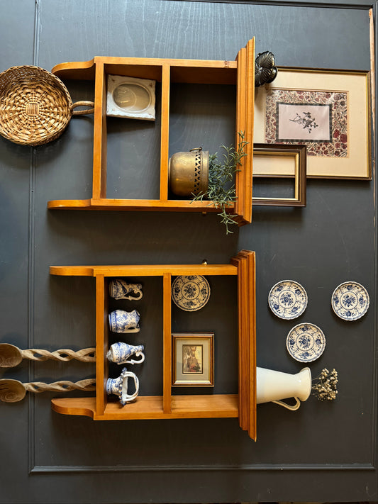 Vintage Pine Shelf with Curated Home Decor | Basket, Vintage Frames, Pottery, Mini Blue Plates, Wooden Wall Spoon & Bird Print | Available as Full Set or Separately