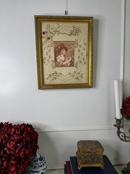 Antique Padded Silk-on-Silk Embroidery on Board in Ornate Gold Gilt Frame
