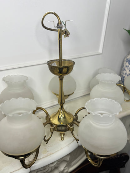 Vintage Satin Brass Chandelier with Matching Wall Lights – 5 Light Brass Ceiling Fixture & Pair of Brass Wall Sconces with Glass Shades