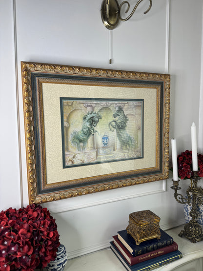 Vintage Large Gold Gilt Frame with Green Marble Effect & Classic Horse Print