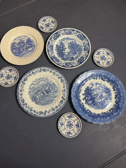 Vintage Kitchen Gallery Wall Set: Blue & White - Willow Style English Plates