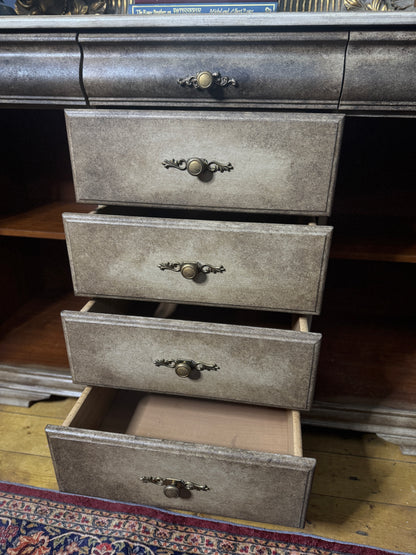 Vintage French-Inspired Upcycled Sideboard | Heavily Distressed 7-Drawer + 2 Cabinet Buffet with Original Brass Handles
