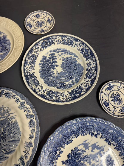 Vintage Kitchen Gallery Wall Set: Blue & White - Willow Style English Plates