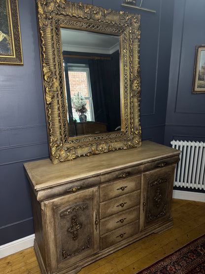 Vintage French-Inspired Upcycled Sideboard | Heavily Distressed 7-Drawer + 2 Cabinet Buffet with Original Brass Handles