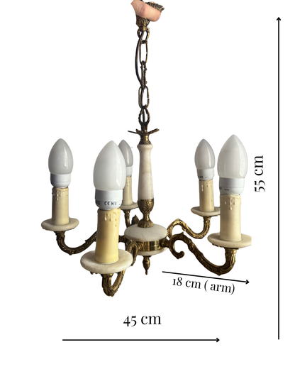 Vintage Italian Alabaster Chandelier, Brass Bronze 5 Arm Light, Mid Century Ceiling Light