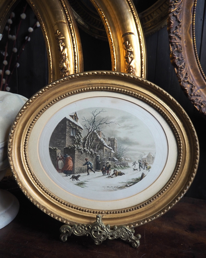 Winter Playtime – Antique Le Blond Oval Cityscape Print c.1910